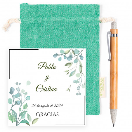 Penna in bambù e canna di grano con biglietto di promemoria presentato in un sacchetto di stoffa per i dettagli