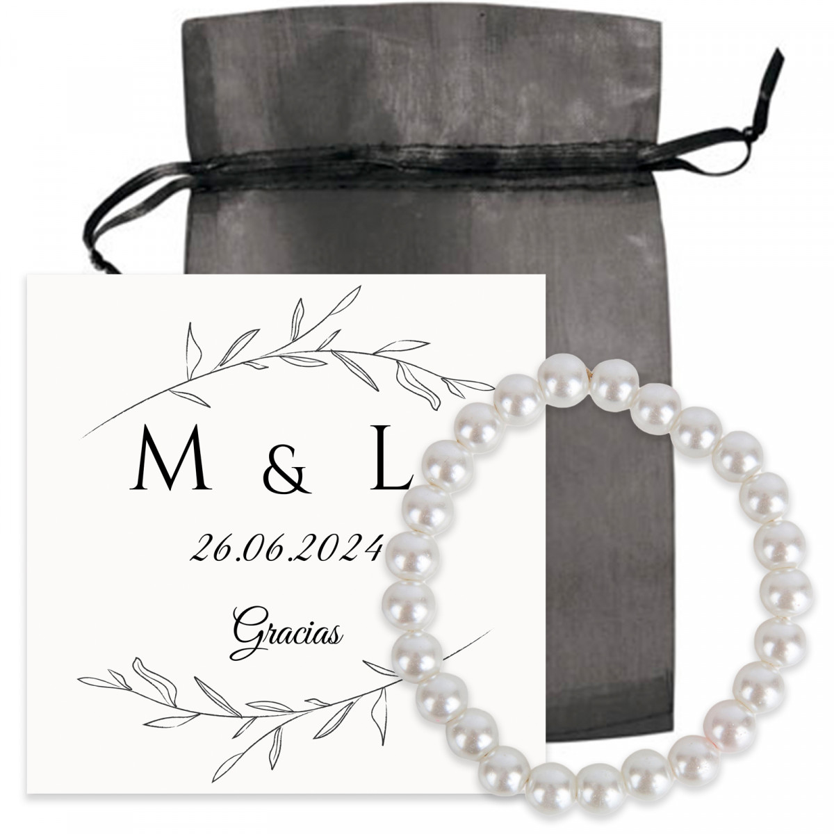 Bracciale di perle con biglietto di ringraziamento in sacchetto di organza per i dettagli