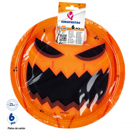 Piatti decorativi di Halloween con disegno di zucca in confezione da 6 unità e 23 cm