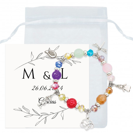 Bracciale con perline colorate e ciondoli in sacchetto di organza con biglietto di ringraziamento per i dettagli