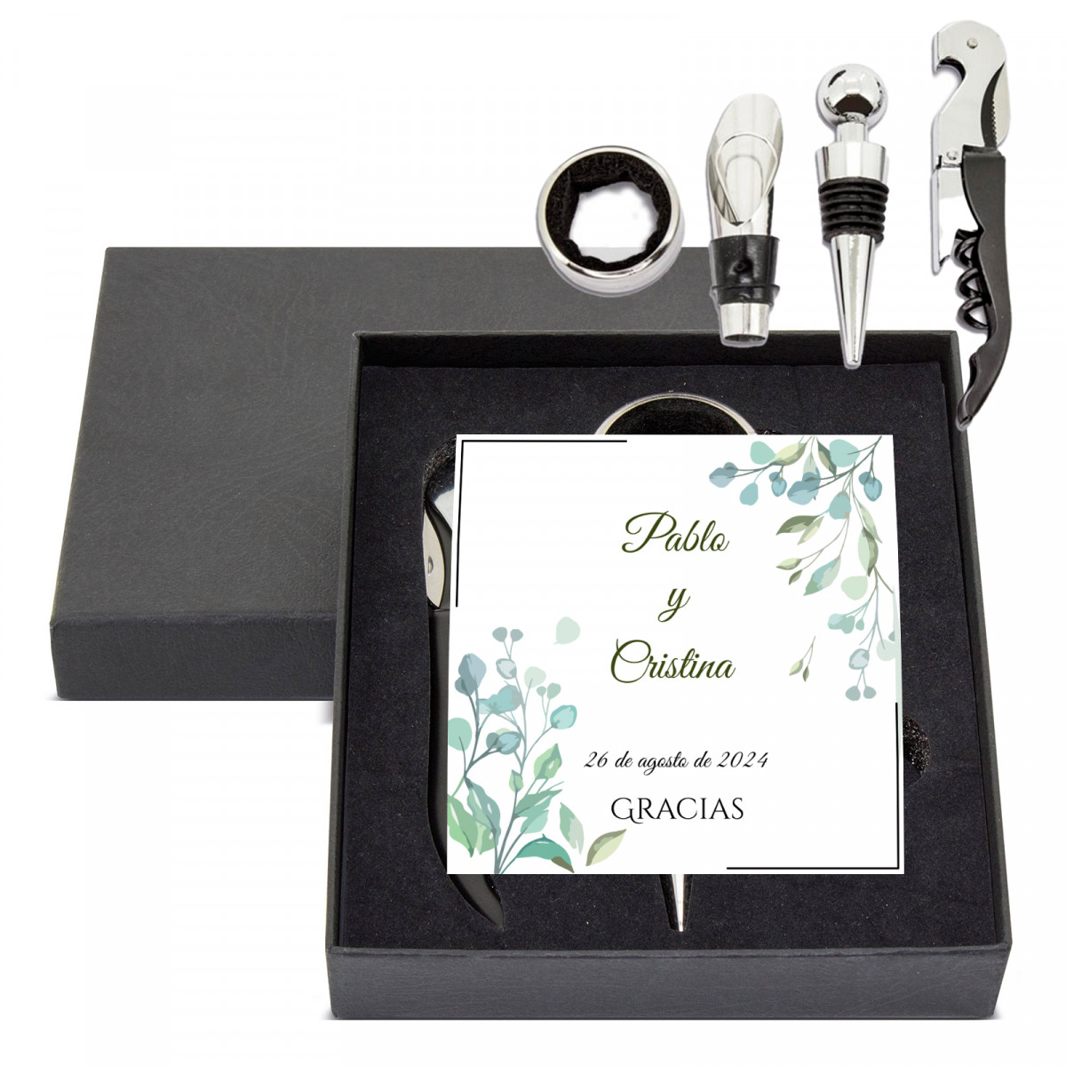 Custodia con set vino e biglietto promemoria personalizzato per i dettagli