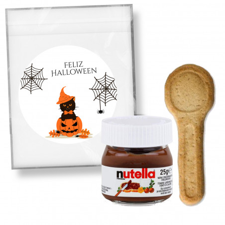 Nutella in vasetto con pallina per biscotti presentata in un sacchetto personalizzato con adesivo di halloween