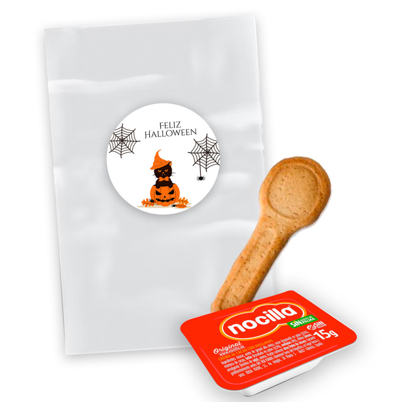 Nocilla mini 15 gr con cucchiaio biscotto in busta trasparente con adesivo personalizzato halloween per i dettagli