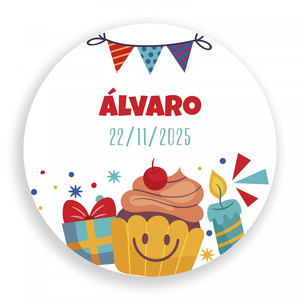 Adesivo personalizzato compleanno rotondo 3 cm con elementi animati e divertenti