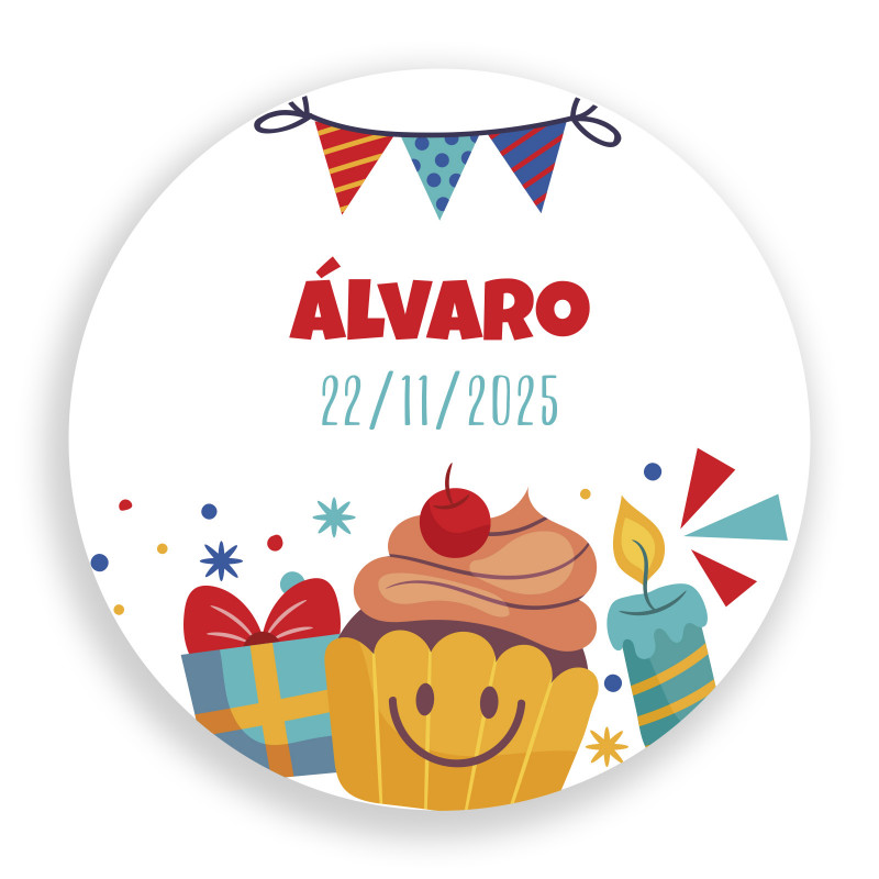 Adesivo personalizzato compleanno rotondo 3 cm con elementi animati e divertenti