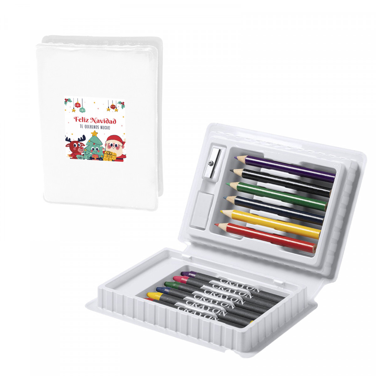 Astuccio con materiale da disegno per bambini con adesivo natalizio personalizzato da regalare