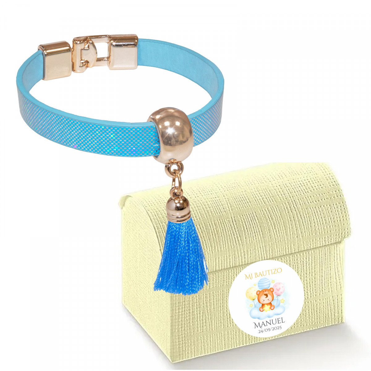 Bracciale blu con nappina sul petto con adesivo personalizzato per battesimi