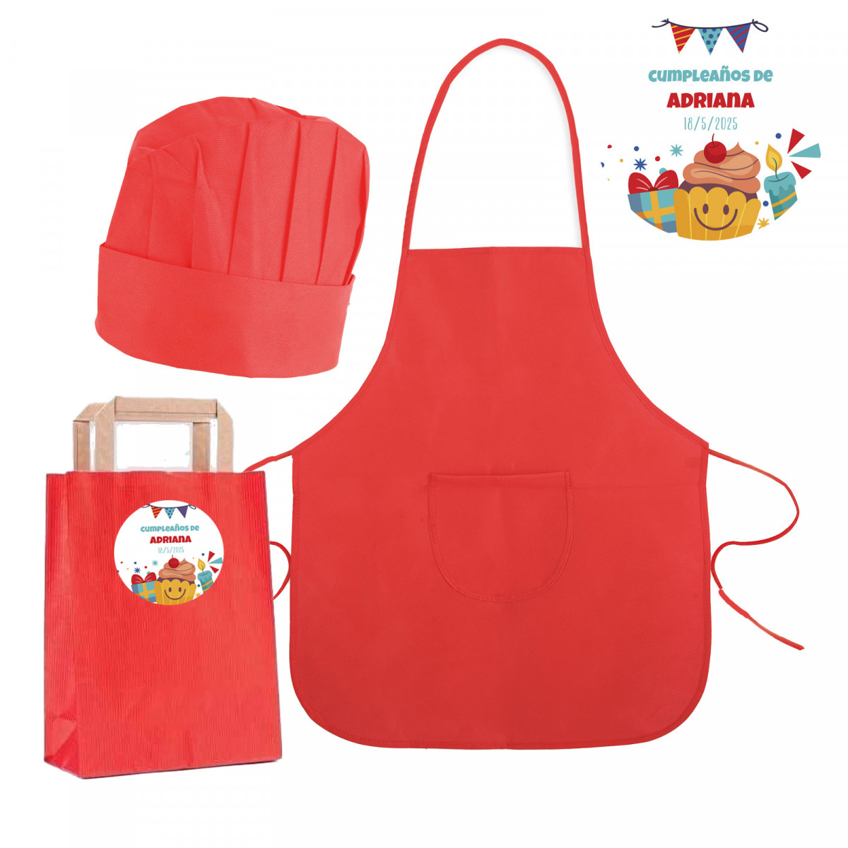 Grembiule da cucina rosso e cappello per bambini in sacchetto di carta abbinato con adesivo personalizzato per il compleanno