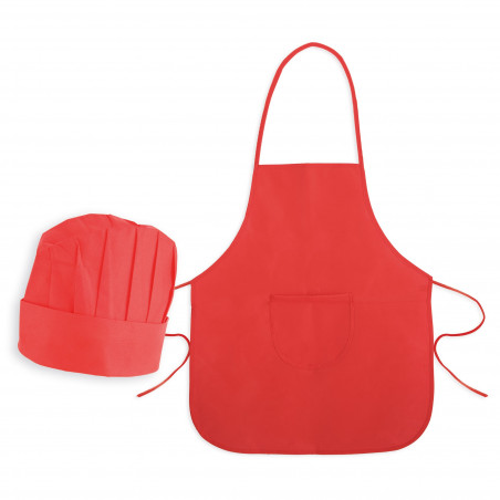 Grembiule da cucina rosso e cappello per bambini in sacchetto di carta abbinato con adesivo personalizzato per il compleanno