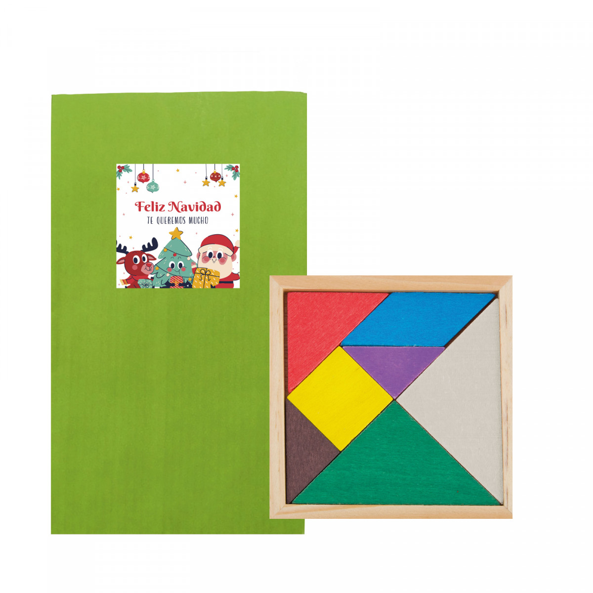 Tangram in legno con busta kraft verde per natale