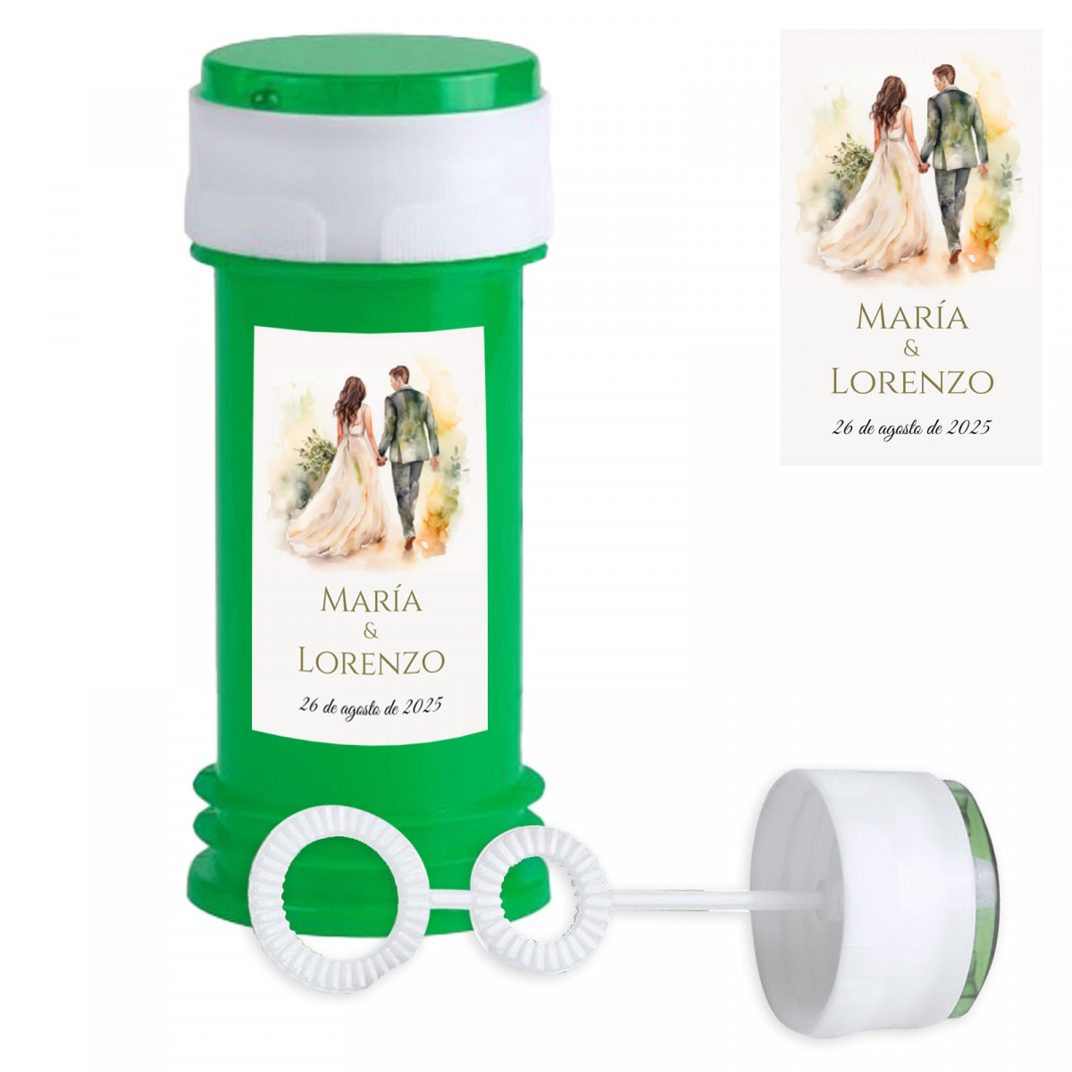 Pompon verde (senza sapone) personalizzato con adesivo per matrimoni