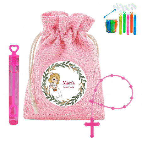 Rosario da bambino fucsia con mini pompero in sacchetto rosa personalizzato per la comunione della bambina