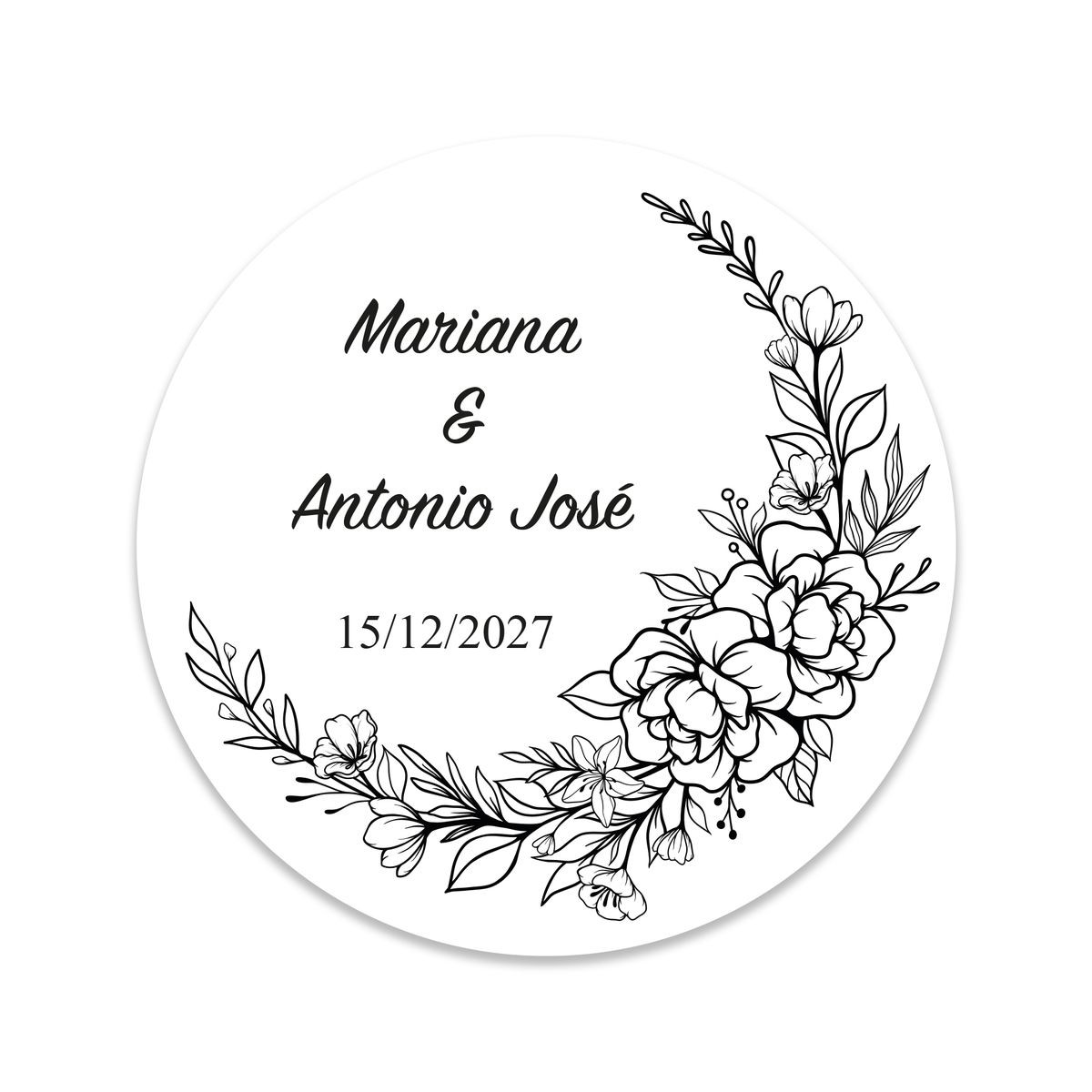 Cornice adesiva rotonda bianca e nera con fiori da 3 cm personalizzabile per matrimoni ed eventi