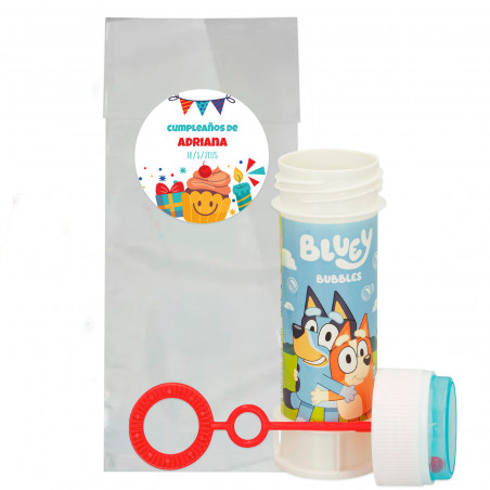 Bluey Pompero in una borsa con simpatico adesivo di compleanno personalizzabile per i dettagli