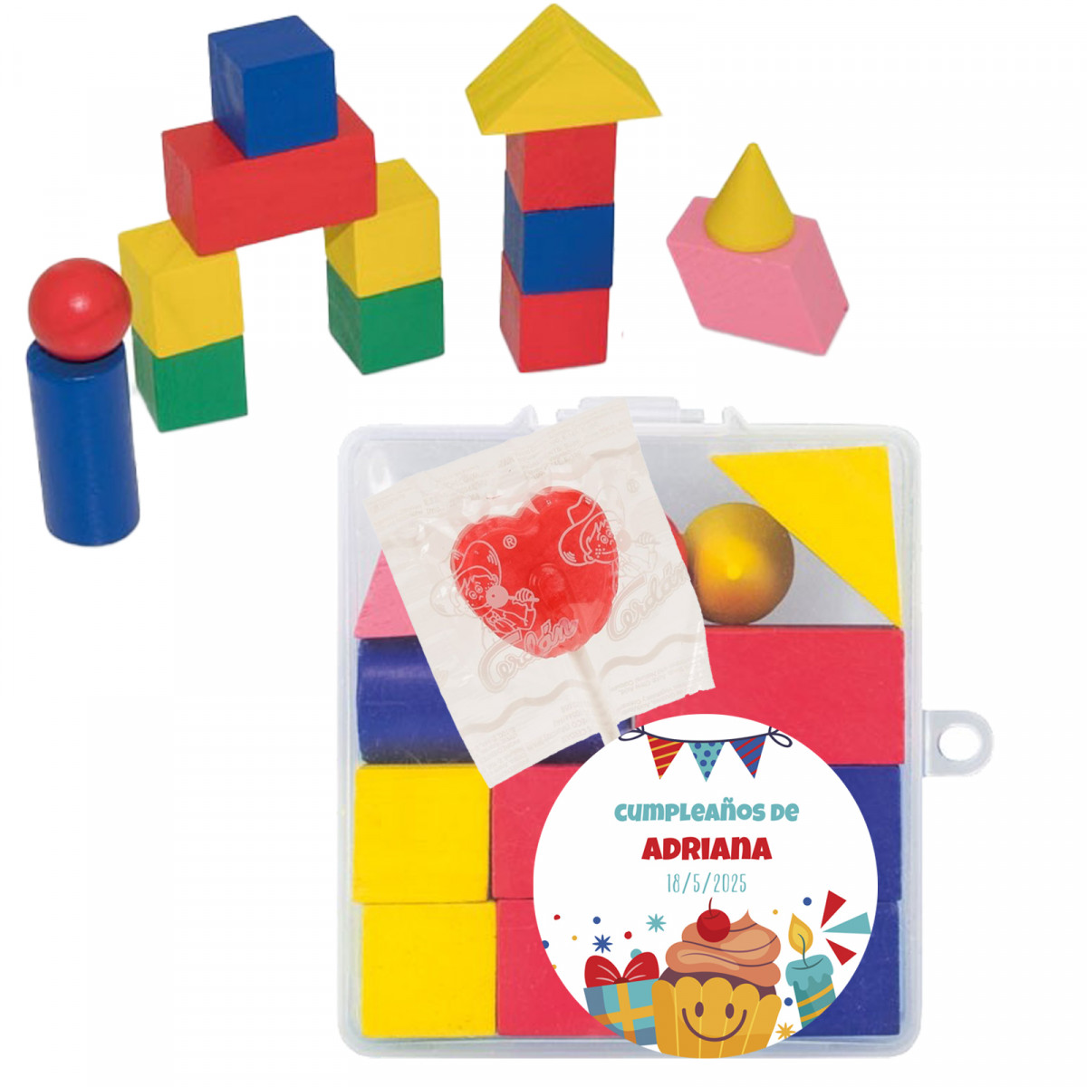 Blocchi puzzle in legno con lecca-lecca e adesivo compleanno personalizzato