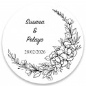 Cornice rotonda adesiva a fiore bianco e nero personalizzabile da 5 cm per matrimoni ed eventi