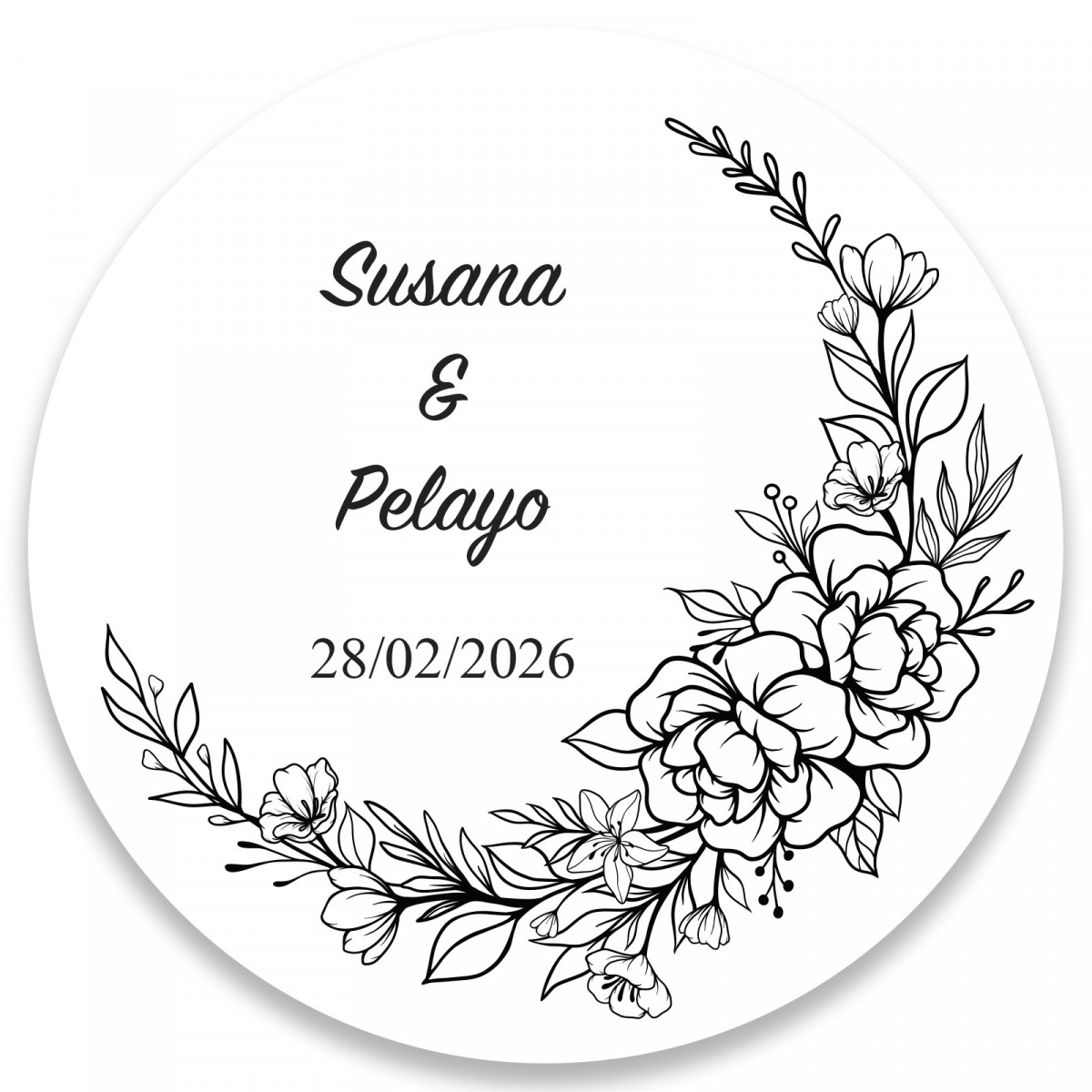 Cornice rotonda adesiva a fiore bianco e nero personalizzabile da 5 cm per matrimoni ed eventi