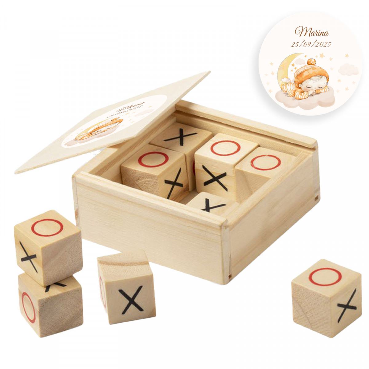 Gioco filotto in legno in scatola con adesivo personalizzato per Battesimo