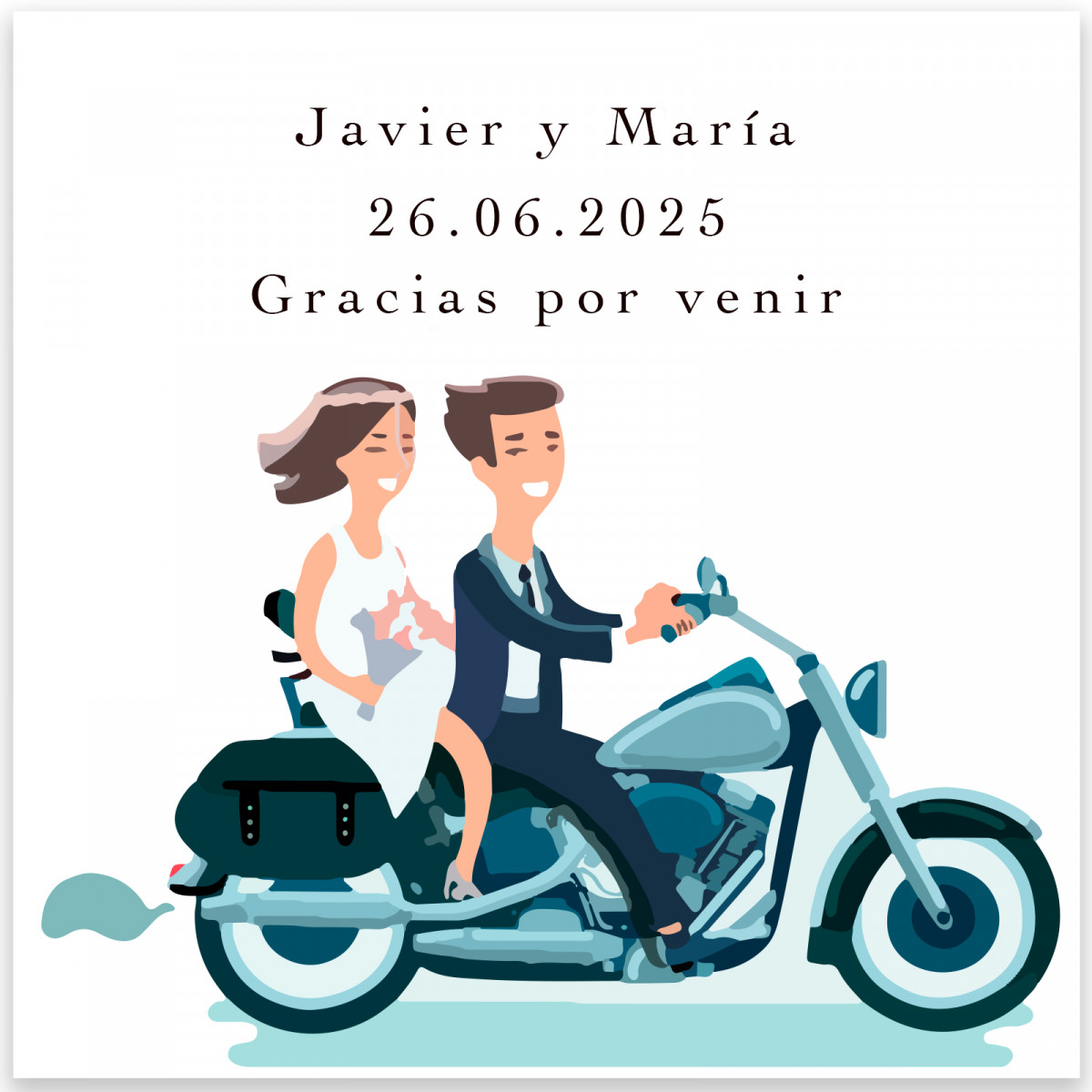 Biglietto da 8x8 cm con disegno della sposa e dello sposo su una moto per i dettagli