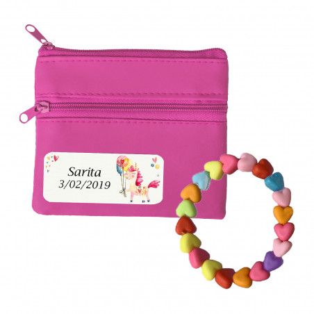 Bracciale per bambini e borsetta fucsia personalizzata con adesivo unicorno per il compleanno