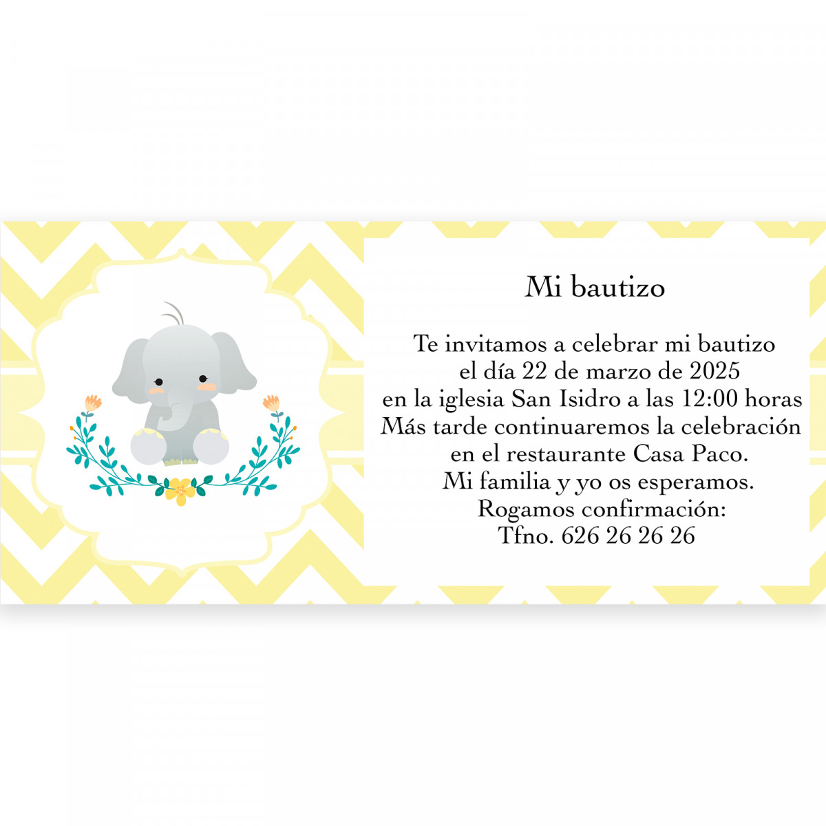 Invitación para bautizo diseño elefante unisex con sobre blanco