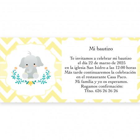 Invitación para bautizo diseño elefante unisex con sobre blanco