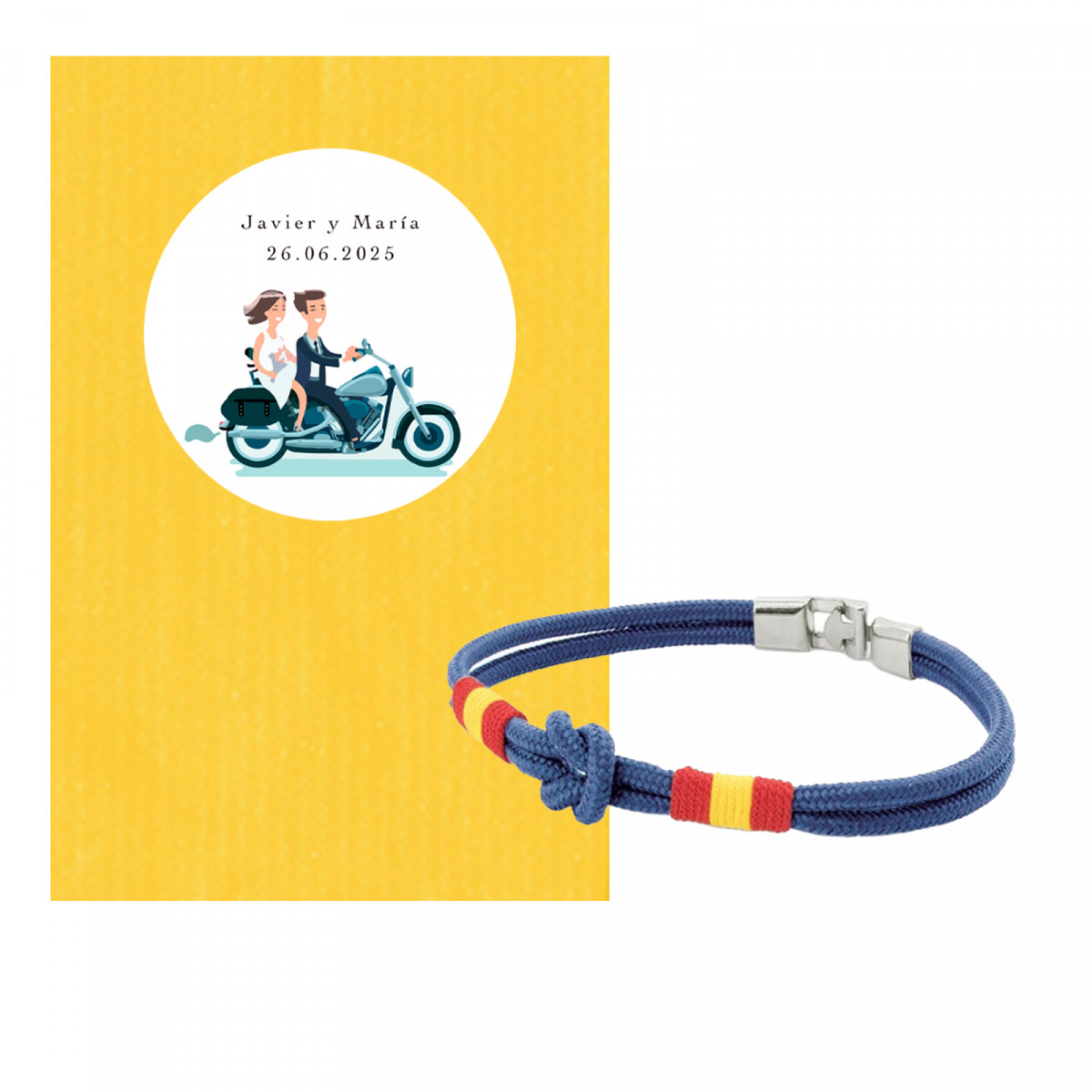 Bracciale con nodo alla marinara in busta kraft gialla con adesivo nuziale personalizzato