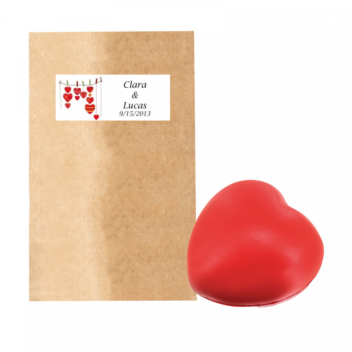 Cuore rosso antistress in busta kraft con adesivo personalizzato