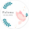 Adesivo rotondo da 2 cm con disegno colomba rosa personalizzabile