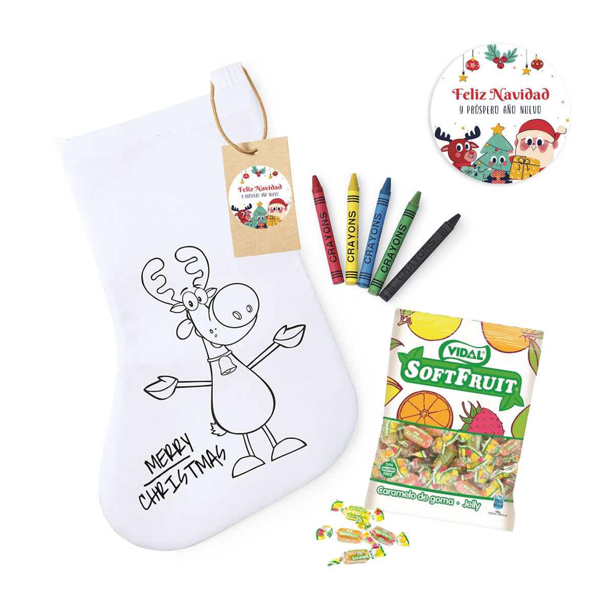 Calzino natalizio da colorare personalizzato con pastelli e sacchetto di caramelle dettaglio natalizio per bambini