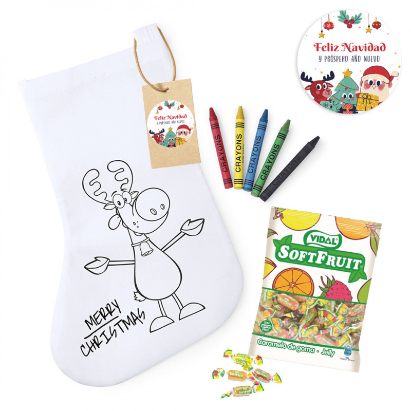 Calzino natalizio da colorare personalizzato con pastelli e sacchetto di caramelle dettaglio natalizio per bambini