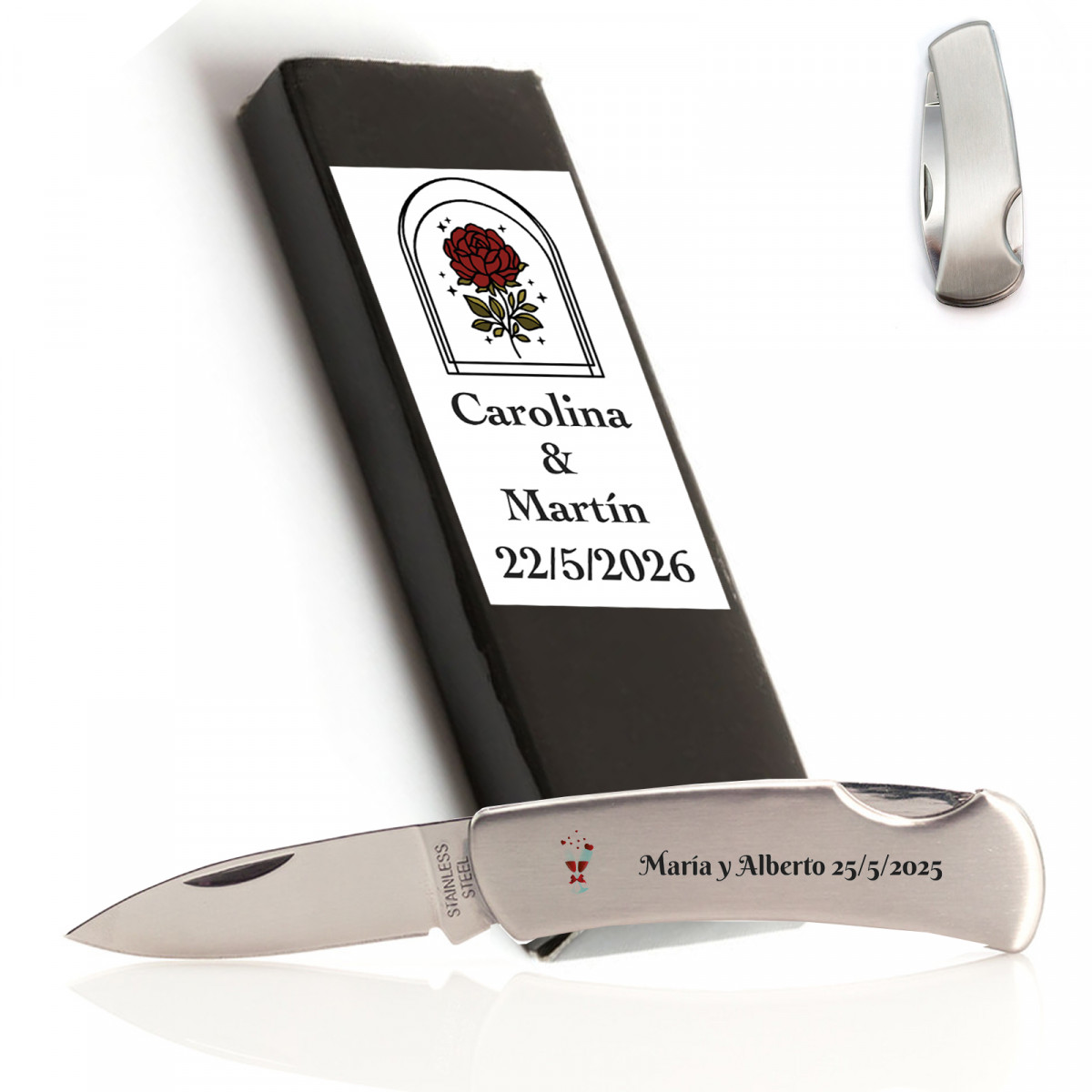 Coltello tascabile in acciaio inox in scatola di cartone personalizzata per matrimonio