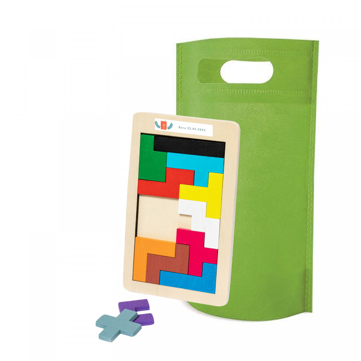 Puzzle tetris in legno personalizzato per la comunione con sacchetto