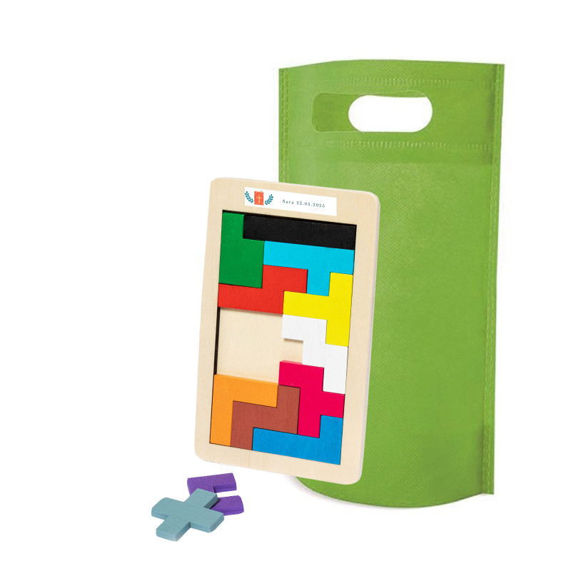 Puzzle tetris in legno personalizzato per la comunione con sacchetto