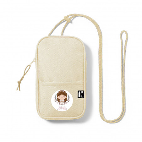 Porta cellulare beige con adesivo della Comunione della bambina